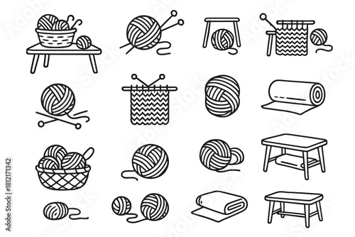 Minimal needles knitting table cozy set fabric vector roll yarn icon
