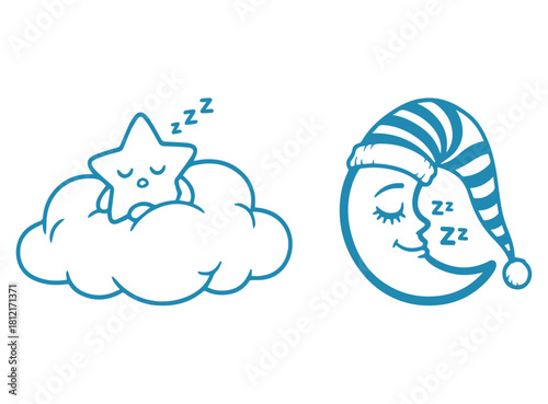 Cute sleepy moon and star rest peacefully on clouds, symbolizing sweet dreams and nighttime.