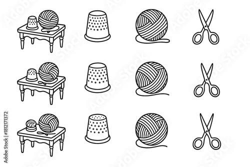 Vector setup thimble scissors tiny table icon yarn knitting vintage outline set
