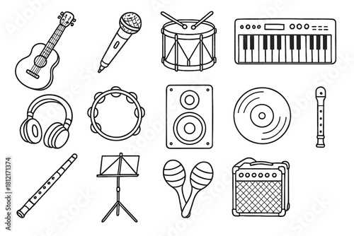 Vector acoustic flute keyboard drum microphone stand icon music set speaker