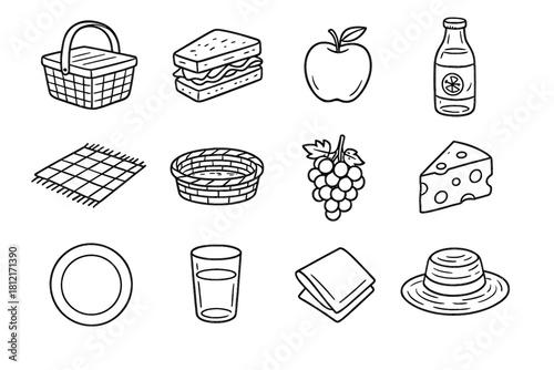 Icons lemonade outline cup grapes slice sandwich straw vector icon apple picnic