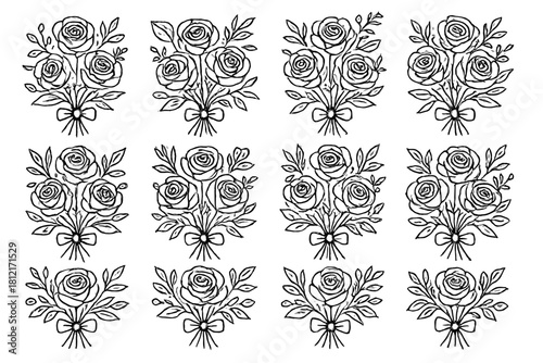 Floral tied artistic ribbon icon outline vector sketch roses leaves set bouquet