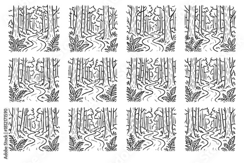 Road woodland icon ferns forest scenery icons tree path vector trunks winding