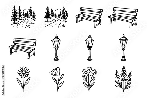 Scenic wildflowers icon lantern icons handdrawn road sketch rough vector forest bench