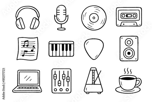 Cup laptop icon music sheet headphones piano coffee speaker icons desk vector