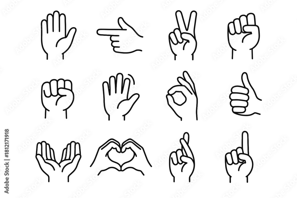 Fototapeta premium Heart cupped open icon gestures fist ok waving hands vector fingers hand