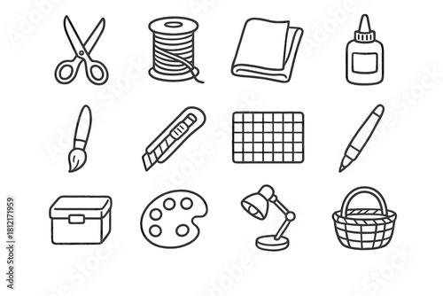 Vector handcraft small set spool icon box scissors glue thread storage basket