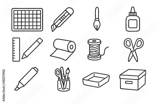 Spool vector cutting icon glue utility box paintbrush roll scissors tools icons