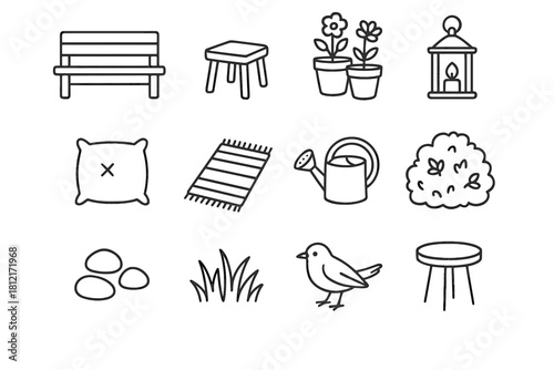 Backyard garden wooden set vector can pots rug small flower icon side