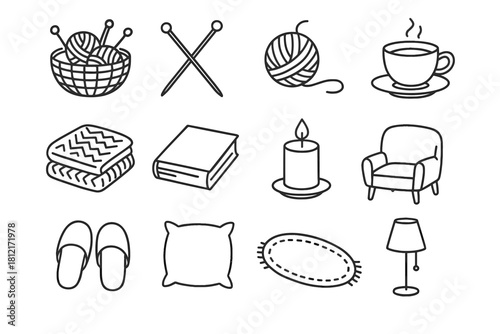 Lamp vector icon cozy pillow rug blanket folded yarn wool knitting candle