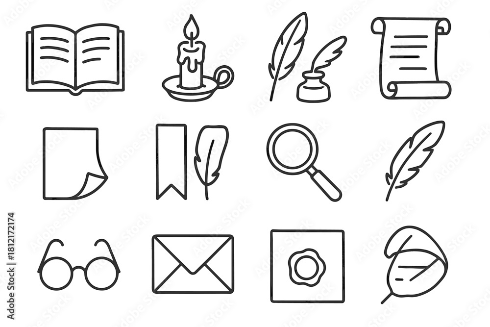 Fototapeta premium Bookmark ink vector magnifying seal novel set literature page folded icon quill