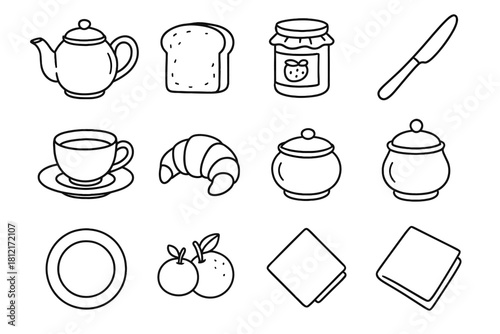 Knife vector teapot jam icon fruit set bowl toast napkin breakfast saucer