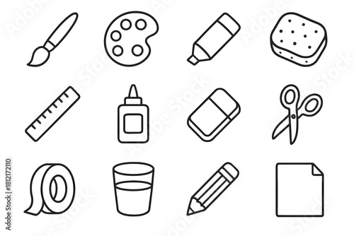 Scissors icon tape art pencil sponge palette tool ruler vector roll marker