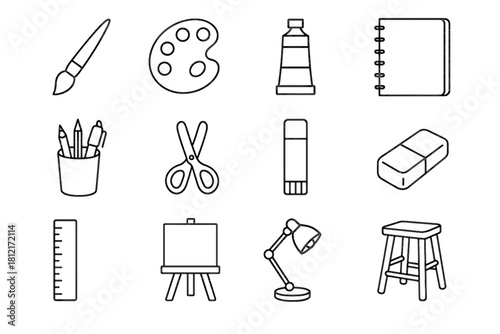 Scissors stool vector glue art icon tools paintbrush palette stick pencils tube