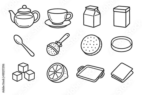 Vector lemon cup napkin icons modern saucer icon box teapot tea sugar