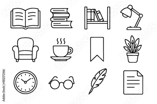 Icon clock book potted open library vector set cup stacked coffee quill