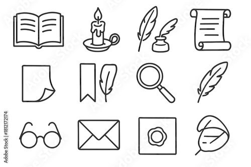 Bookmark ink vector magnifying seal novel set literature page folded icon quill