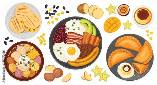 A diverse selection of authentic Colombian dishes, showcasing traditional culinary delights and flavors, perfect for a food blog or cultural cuisine presentation.