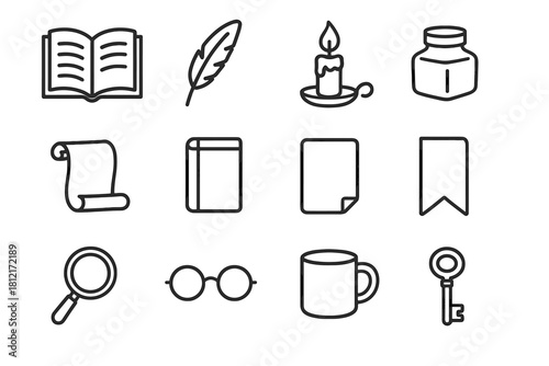 Paper feather set literary key mug candle spine pen jar icon vector