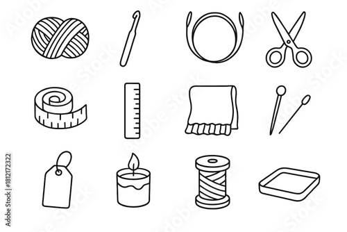 Spool essentials candle measuring scissors skein tape knitting hook ruler icons vector