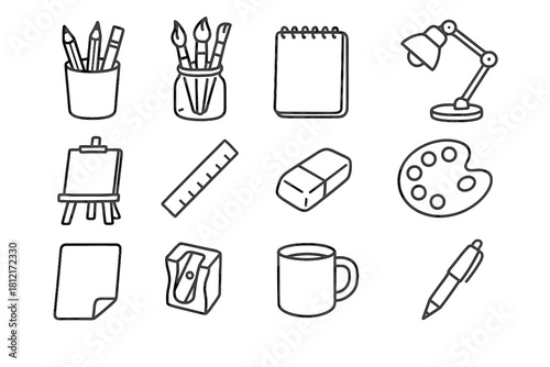 Icon lamp sharpener brush mug jar sketchpad palette artist pen vector collection