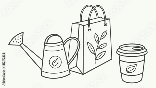 Eco friendly shopping concept with watering can, reusable bag, and cup showing a sustainable lifestyle and green living for a modern eco conscious buyer