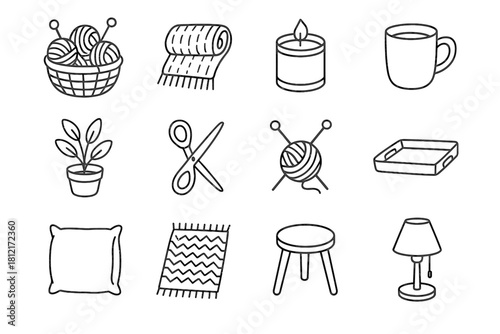 Icon cup knitting handmade yarn icons scissors plant scarf needles vector basket