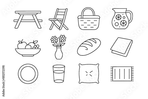 Glass icons chair pillow vector picnic garden vase icon plate fruit rug