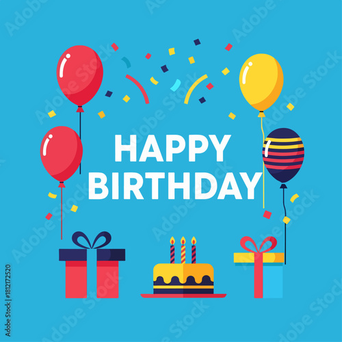 Colorful birthday card with balloons and confetti celebration