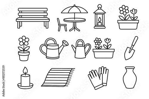 Terrace vase pot icons rug lantern garden can vector gloves box watering