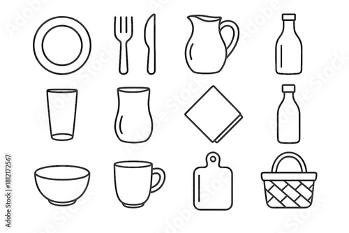 Fork bowl picnic spoon vector basket napkin board icon icons bottle knife