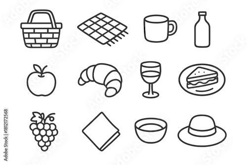 Picnic bottle rug icons grapes hat fruit napkin outdoor vector plate croissant