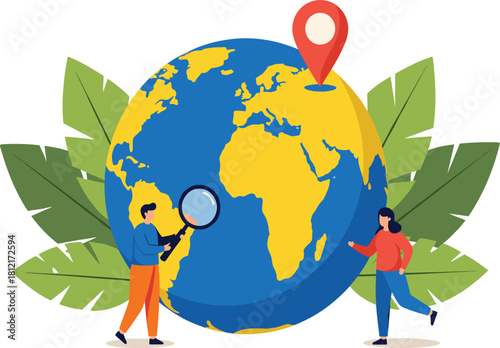 Global Search and Location Pin Vector Illustration, People Researching World Map and Earth.