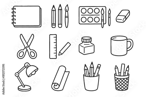 Desk holder art palette sketchbook pen vector roll watercolor icons icon cup