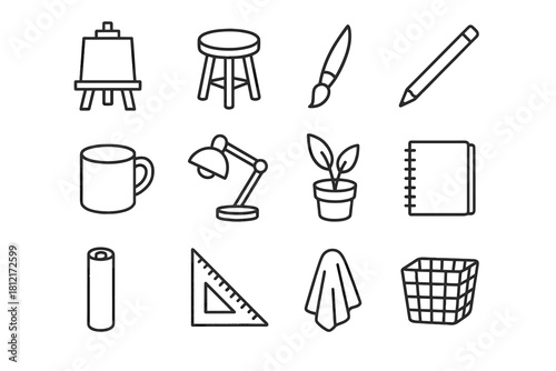 Sketchbook lamp icon plant vector studio cloth basket stool pencil icons cup