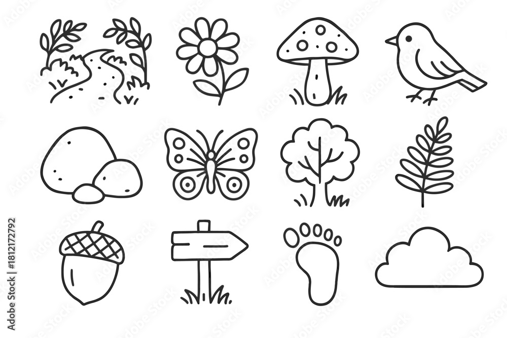 Fototapeta premium Bird walk nature leafy acorn butterfly path trail icon icons vector rock