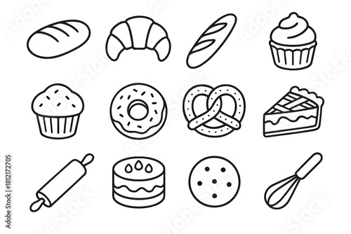 Set icon bakery baguette pin whisk pie slice cookie vector pretzel bread