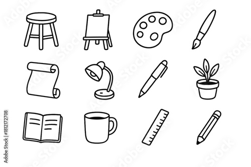 Cup artist plant pencil essentials easel notebook icon palette stool vector paper