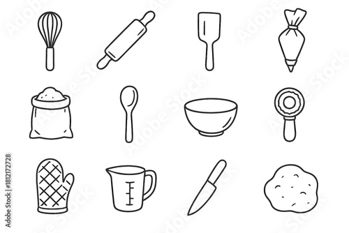 Icon bag cup measuring flour icons vector bowl spoon bakery tool pin