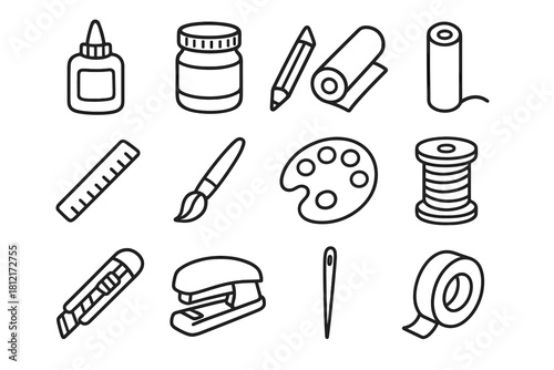 Icon grid glue crafting stapler tape palette tools brush pencil jar vector