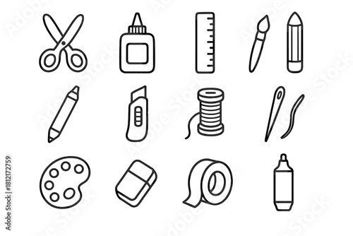 Roll scissors knife tools eraser craft vector icon needle thread glue tape