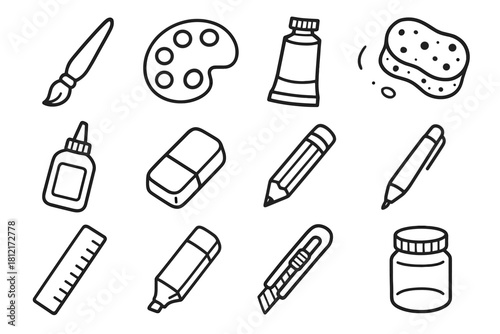Eraser pencil paintbrush sponge jar icons glue vector artistic marker icon paint