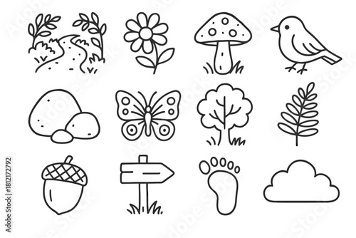 Bird walk nature leafy acorn butterfly path trail icon icons vector rock