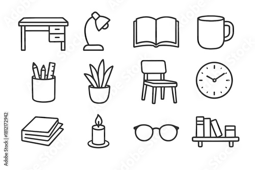 Plant study vector glasses open lamp stack nook clock chair icon holder