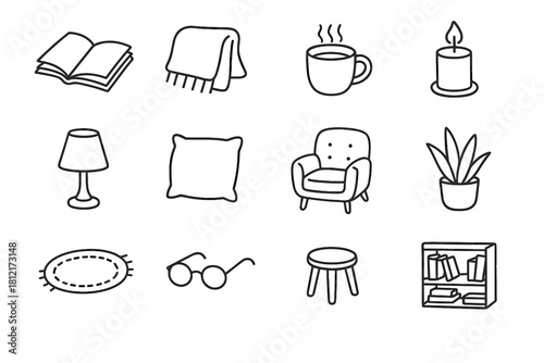 Vector glasses candle book cozy icon icons pillow blanket lamp stool reading
