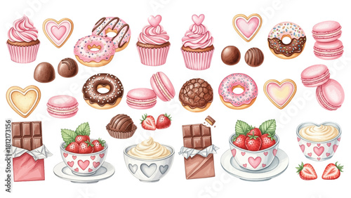 A delightful assortment of Valentine's Day treats, including cookies, chocolates, cupcakes, macarons, donuts, chocolate bars, and strawberry desserts.