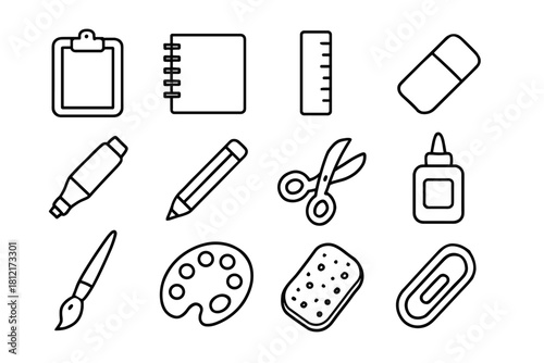 Clipboard pencil art supplies paper marker clip sketchbook sponge vector icons icon