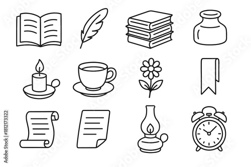 Set literary icon book feather lamp stack pen paper vector scroll open
