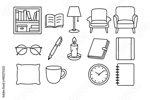 Candle icons glasses icon lamp library journal reading chair vector book notebook