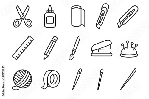 Vector paper tape glue cushion crafting pencil essentials stapler icon pin roll